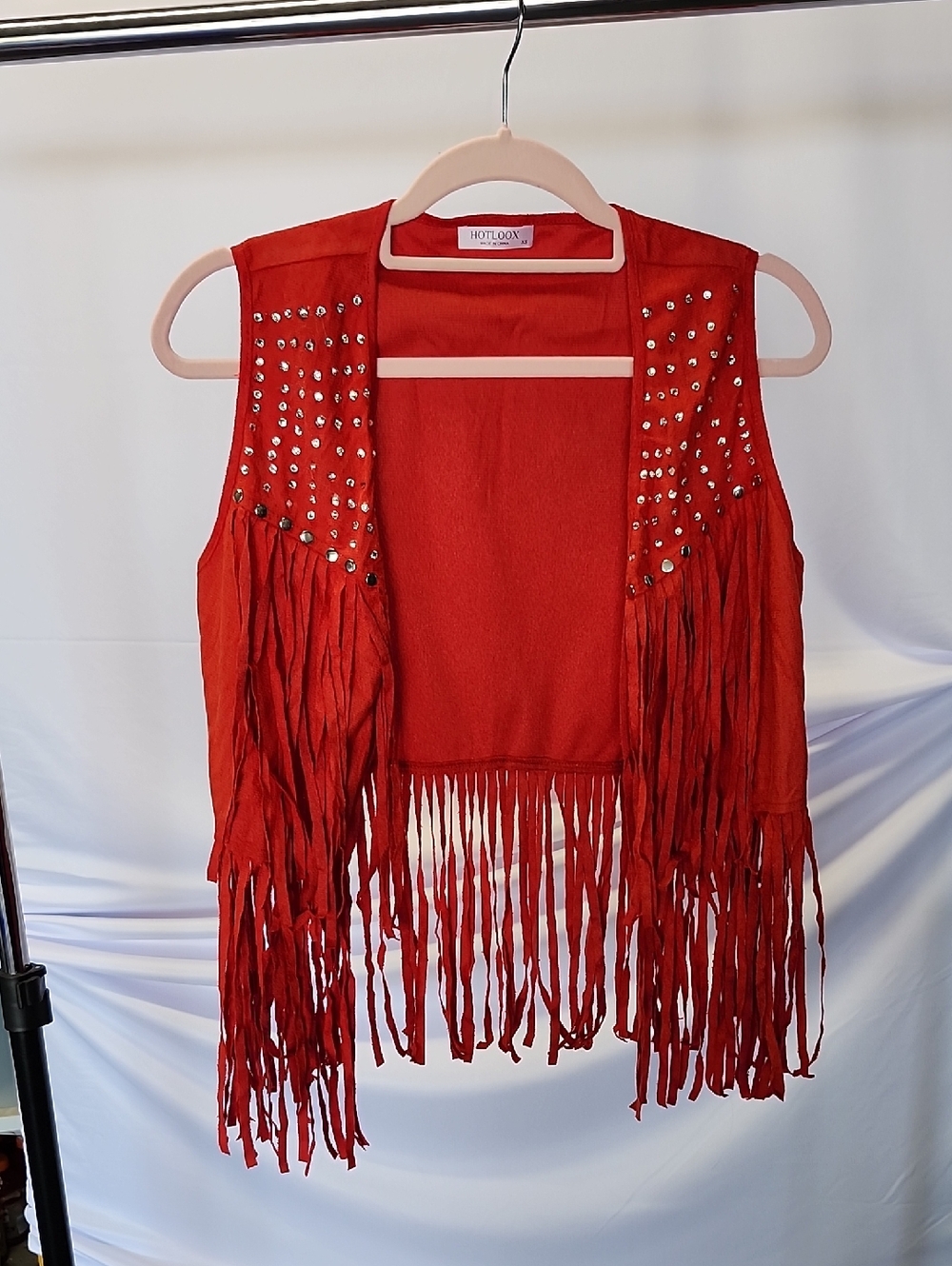 RED FRINGE STUDDED VEST WITH RHINESTONE ACCENTS BY HOTLOOX